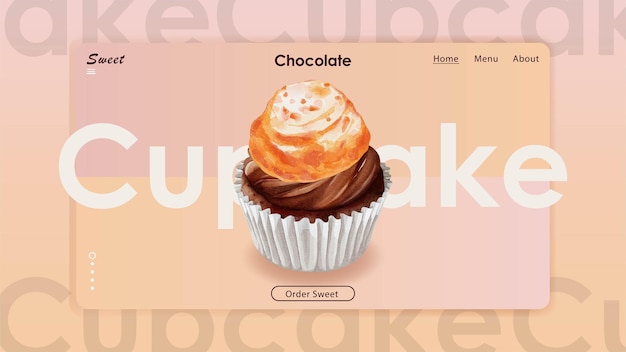 Watercolor of sweet creamy chocolate cupcake website template vector design