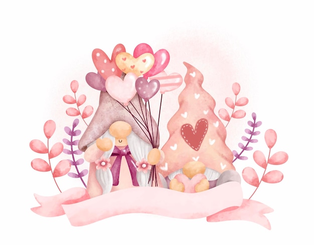 Watercolor sweet romantic couple gnome with flower