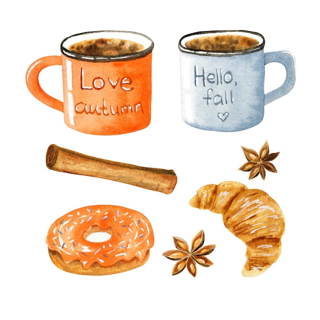 Watercolor sweet set with coffee mugs and croissant and donate