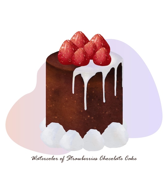 Watercolor of sweet strawberries chocolate cake vector design