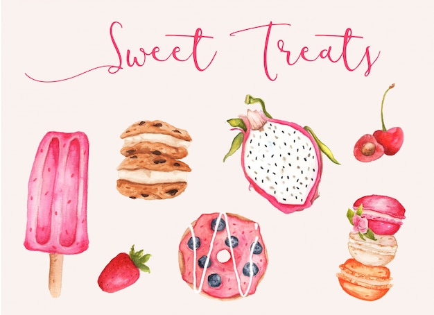 Watercolor sweet treats vector collection