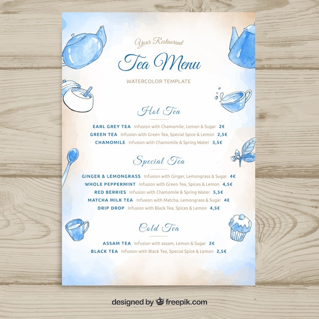 Vector watercolor tea menu template