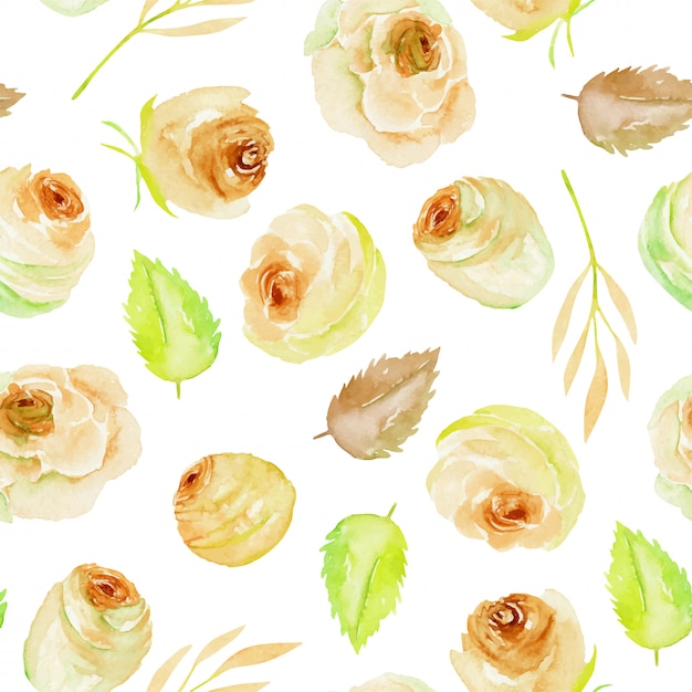 Watercolor tea roses and leaves seamless pattern