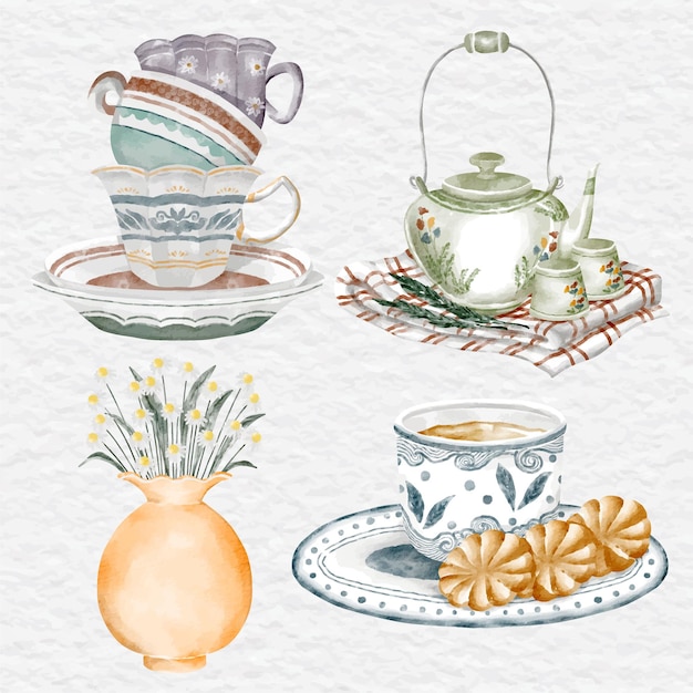 Watercolor tea time element collection set