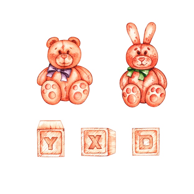 Watercolor teddy bear teddy bunny cubes