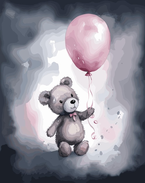 A watercolor teddy bear with a balloon