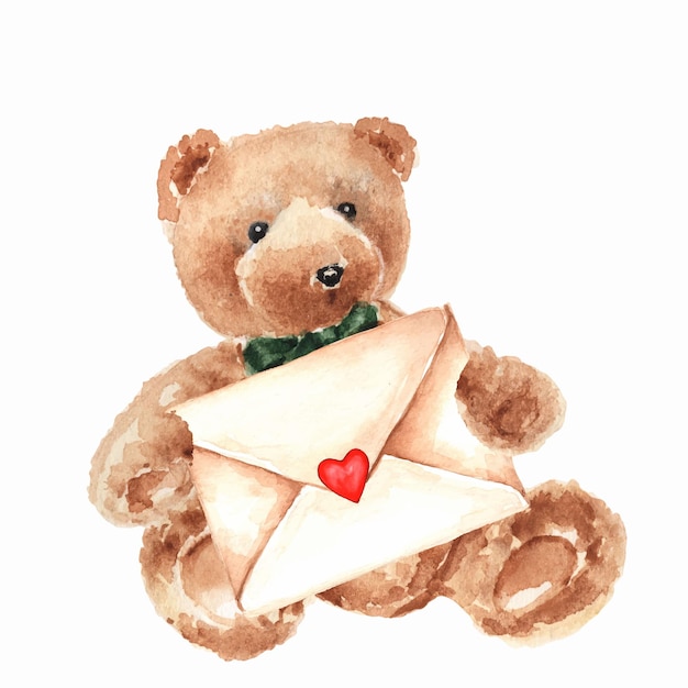 Watercolor Teddy Bear with Envelope with Heart