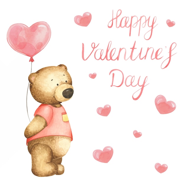 Watercolor teddy bear with red heart air balloon. Card for Valentine's day. Watercolor postcard