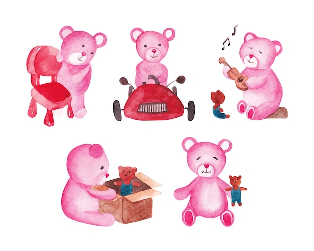 Watercolor Teddy Vector Set