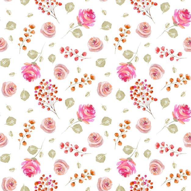 Watercolor tender pink roses and green rose leaves seamless pattern