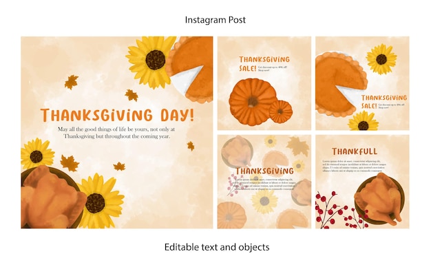 watercolor thanksgiving illustration for instagram posts collection set