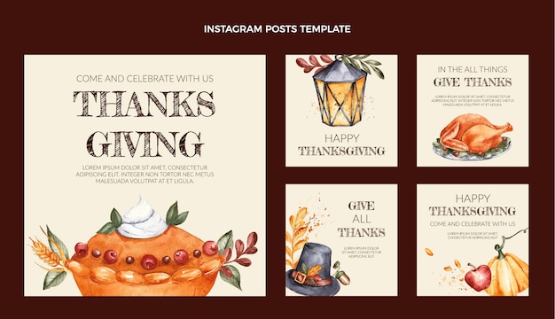 Vettore collezione di post di instagram del ringraziamento ad acquerello