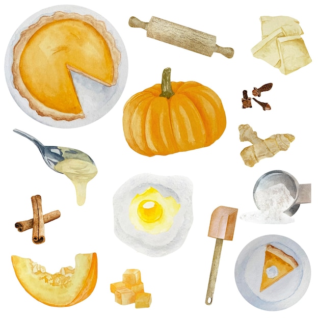 Vector watercolor thanksgiving pumpkin pie ingredients with piece of american pie and whipped cream