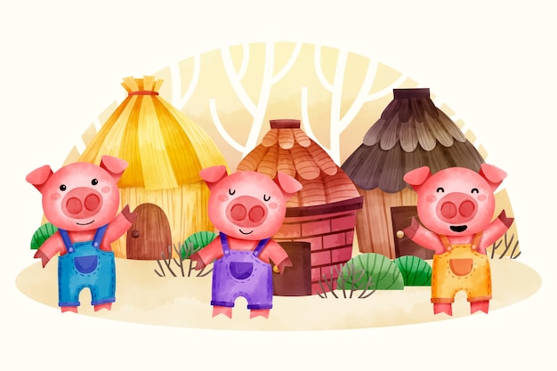 Vector watercolor  the three little pigs illustration