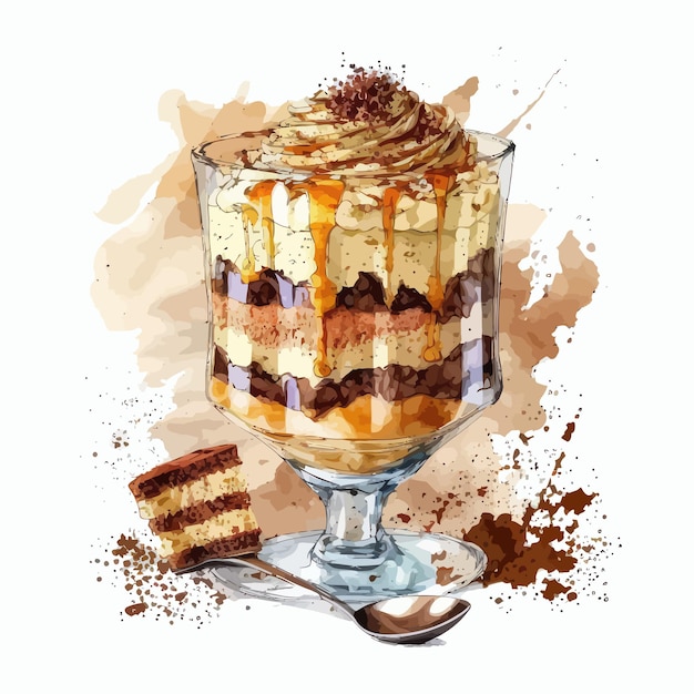 Watercolor tiramisu dessert with cinnamon coffee and chocolate in glass Handdrawn illustration isolated on white background in boho style