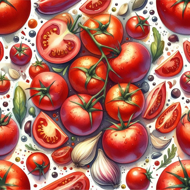 Вектор Акварель помидорный рисунок итальянская еда натюрмортный фон с традиционными травами и ботаниками