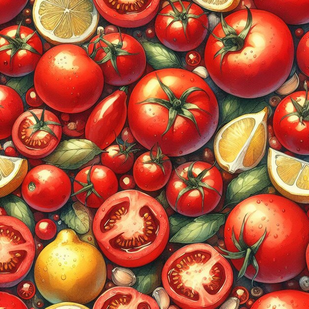 Vector watercolor tomato pattern italian food still life background with traditional herbs and botanicals