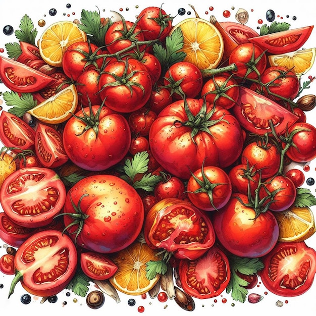 watercolor Tomato Pattern italian Food Still Life background with traditional herbs and botanicals