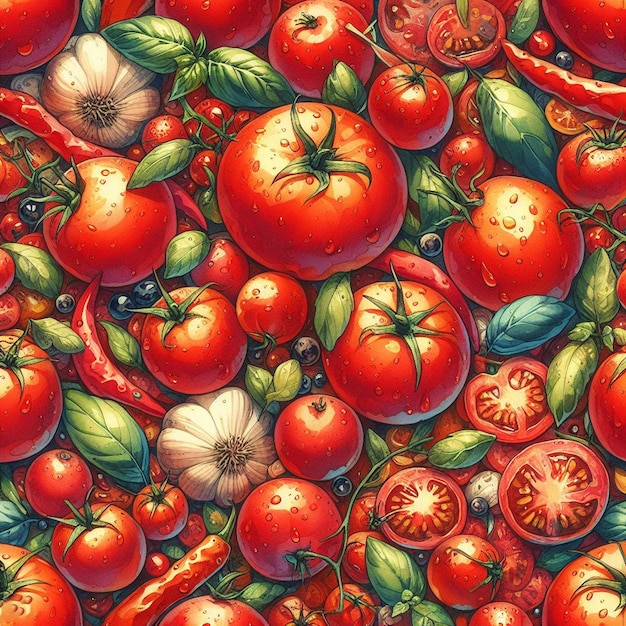 Vector watercolor tomato pattern italian food still life background with traditional herbs and botanicals