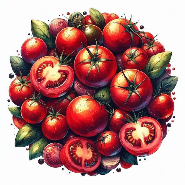 Vector watercolor tomato pattern italian food still life background with traditional herbs and botanicals