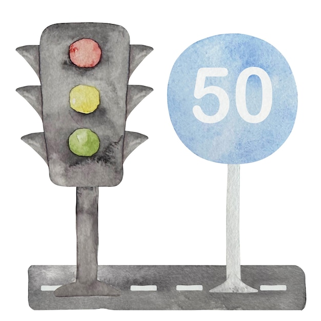 Watercolor traffic lights with all three colors on Illustration of green yellow and white traffic lights and Road sign