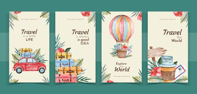 Watercolor travel agency instagram stories set