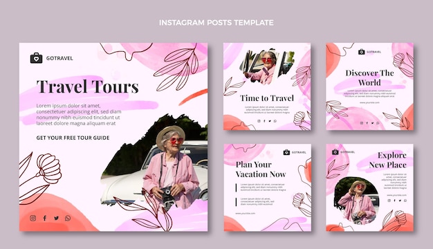 Vettore post instagram di viaggio ad acquerello