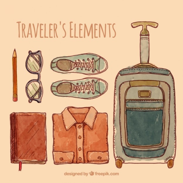 Watercolor traveler objects collection