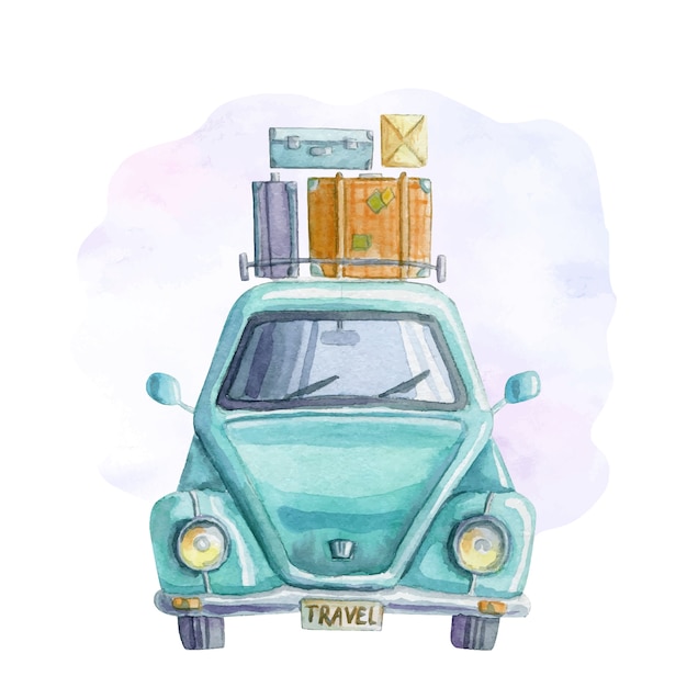 Watercolor travelling blue car with suitcases