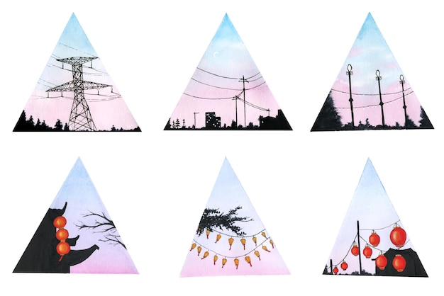 Акварель треугольная иллюстрация природы Силуэты гор и лесов Розовый закат