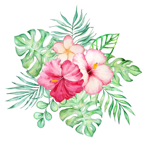 Watercolor tropical bouquet of hibiscus leaves