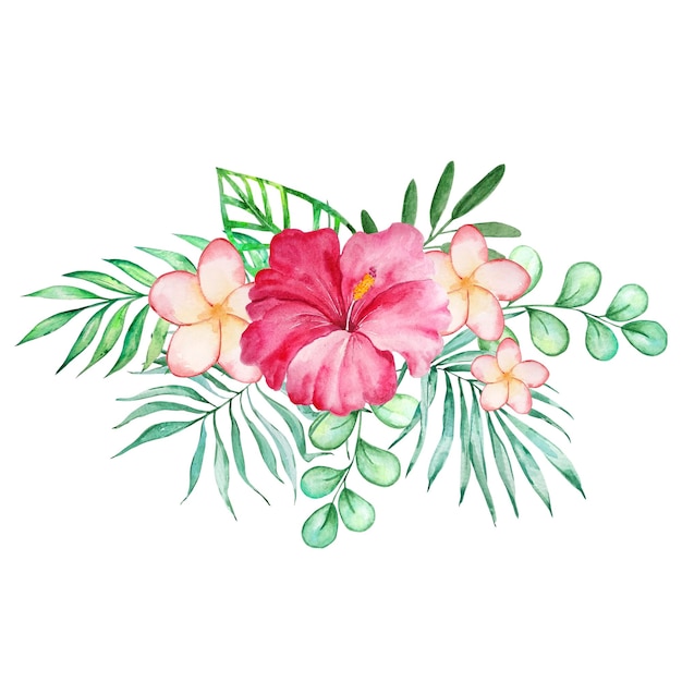 Vector watercolor tropical bouquet of hibiscus leaves