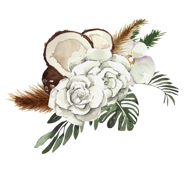 Bouquet tropicale acquerello con rosa bianca mostruosa e cocco