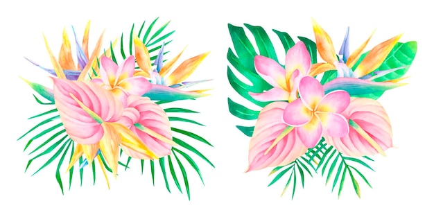 Вектор Акварель тропическая цветочная композиция франжипани стрелиция антуриум цветы пальмовые листья букет