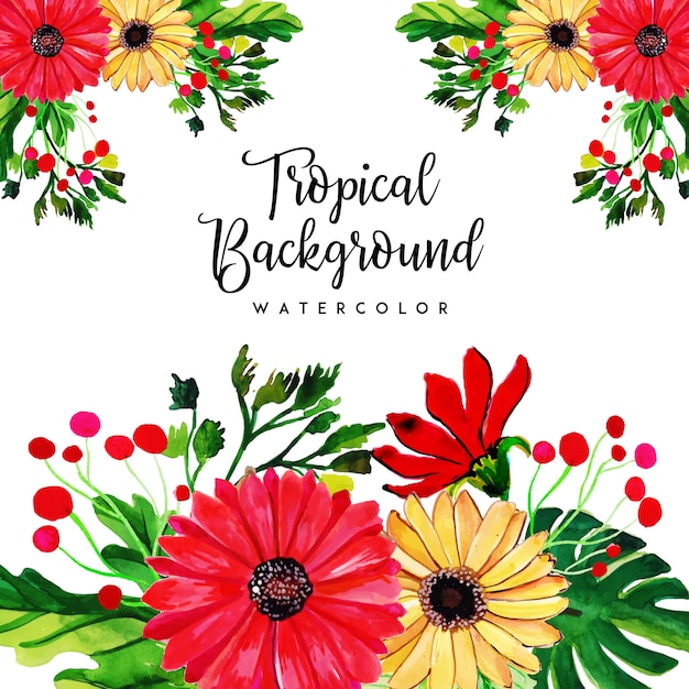 Watercolor tropical floral and leaves background