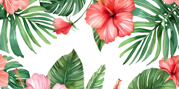 アクアカラー 熱帯の花と葉 白い背景のシームレスパターン
