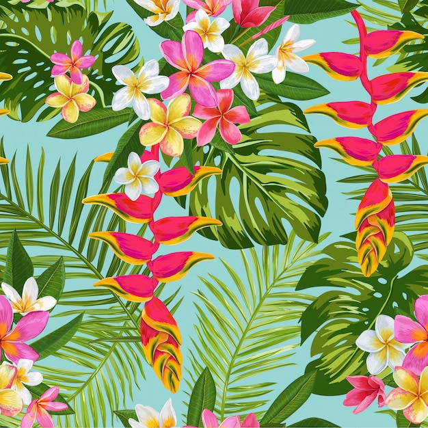 Watercolor tropical flowers seamless pattern. exotic blooming plumeria flowers