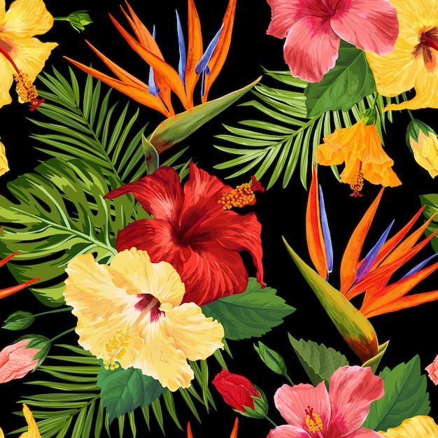 Watercolor Tropical Flowers Seamless Pattern. Floral Hand Drawn Exotic Blooming Flowers