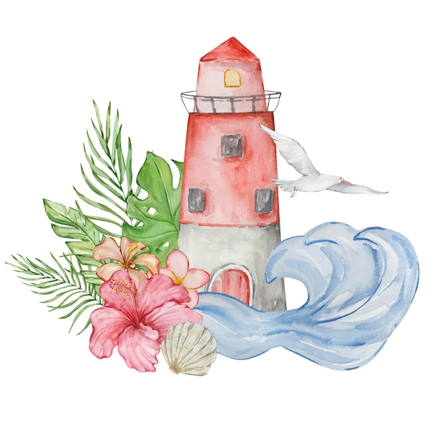 Watercolor tropical illustration of beach elements and floral