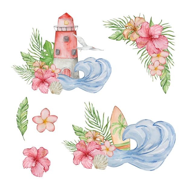 Illustrazione tropicale dell'acquerello con foglie e fiori tropicali luminosi per il design estivo