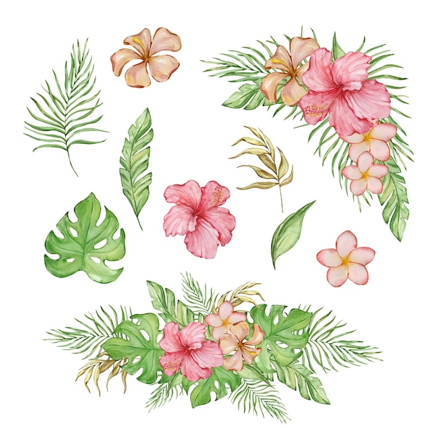 Watercolor tropical illustration with bright tropical leaves and flowers