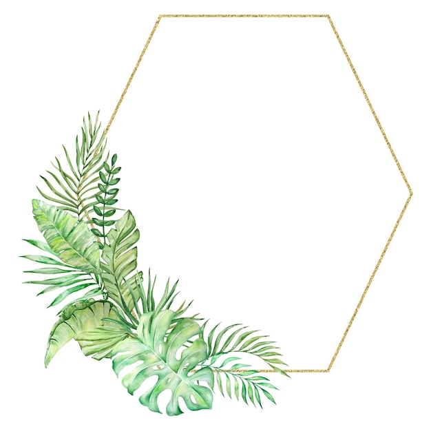Watercolor tropical leaves with golden geometric frame