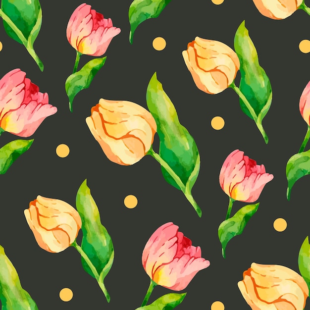 Watercolor tulips pattern with yellow dots on dark