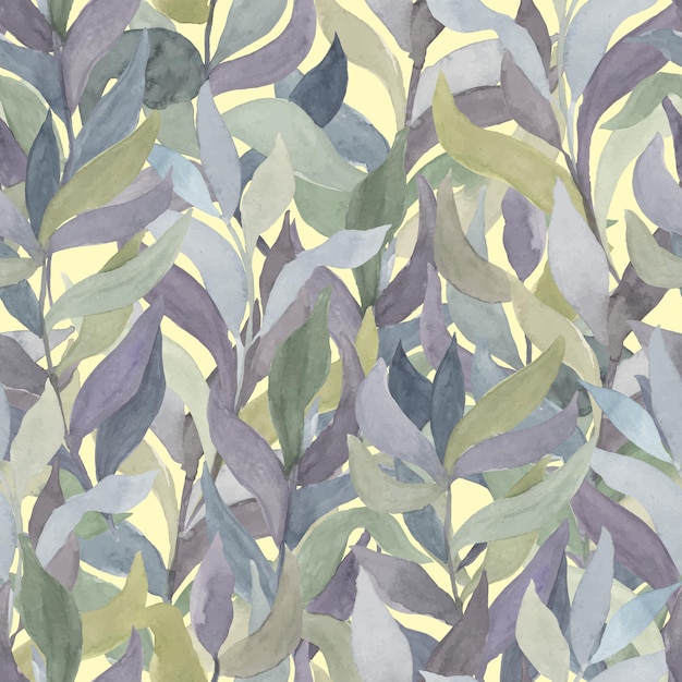 Watercolor twigs with leaves of different colors on a colored background vector seamless pattern living wall of plants hedge of climbing leaves and branches