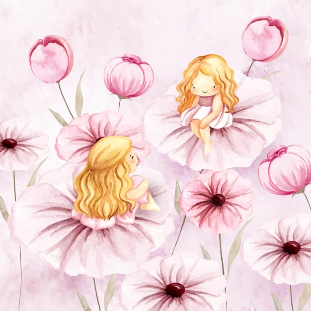 花の上に座っている水彩画の2つの花の妖精