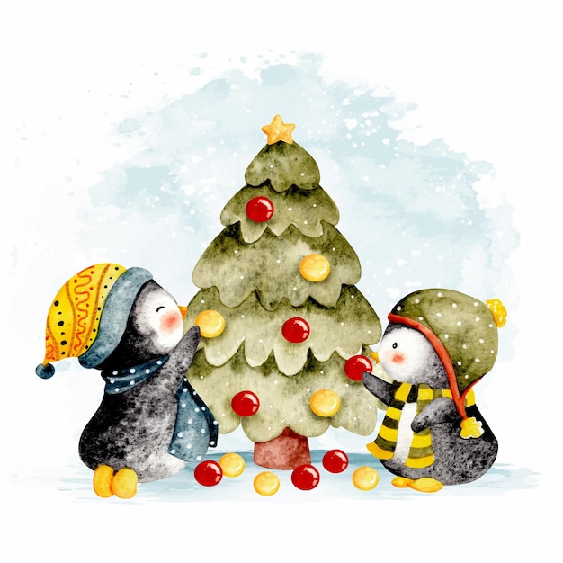 Watercolor two little inguin decorating Christmas tree