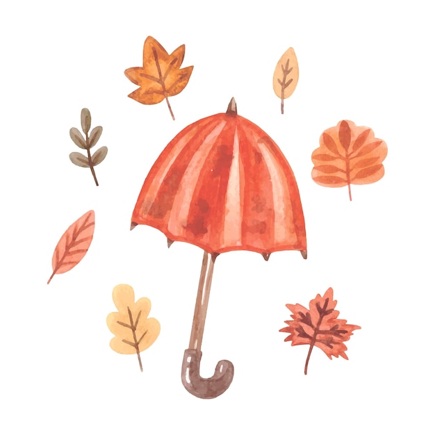 Watercolor umbrella with fall leaves vector illustration