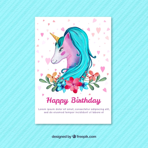 Vector watercolor unicorn birthday card