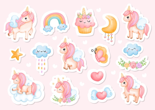 Watercolor unicorn sticker illustration