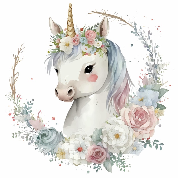 Vector watercolor unicorn with floral wreath soft color